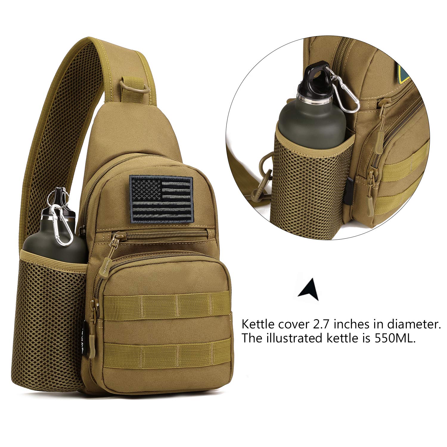 Tactical Sling Military MOLLE Crossbody Pack Pecho Hombro Mochila con soporte para botella de agua # B026